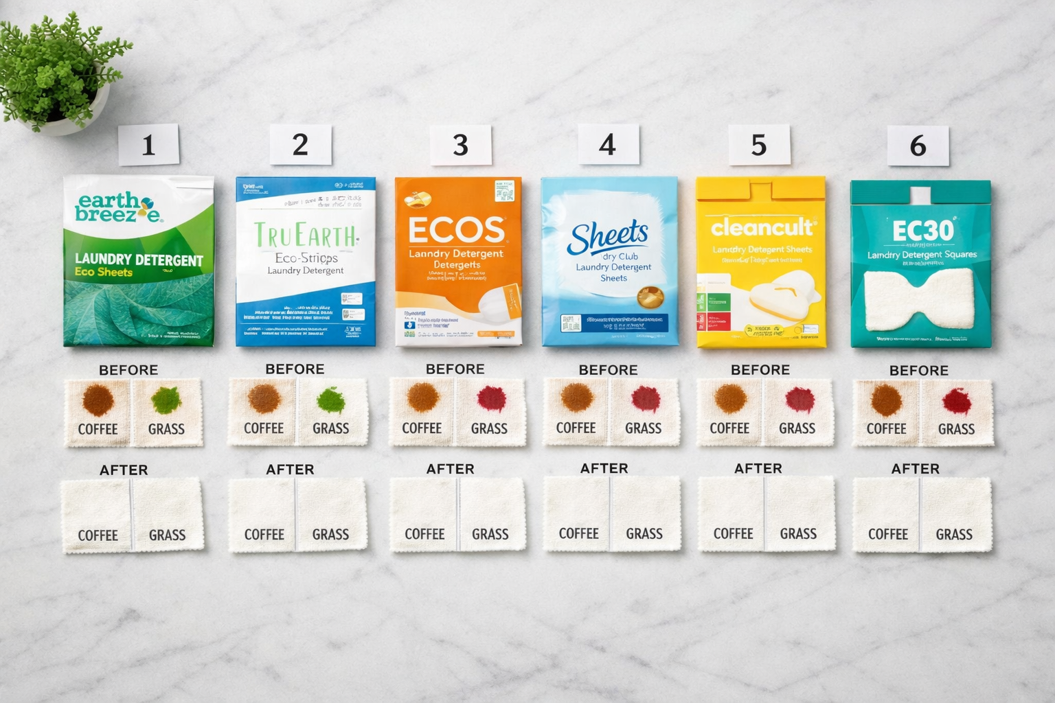 Flat-lay editorial photograph () showing six laundry detergent sheet brands side by side on a clean white marble surface,