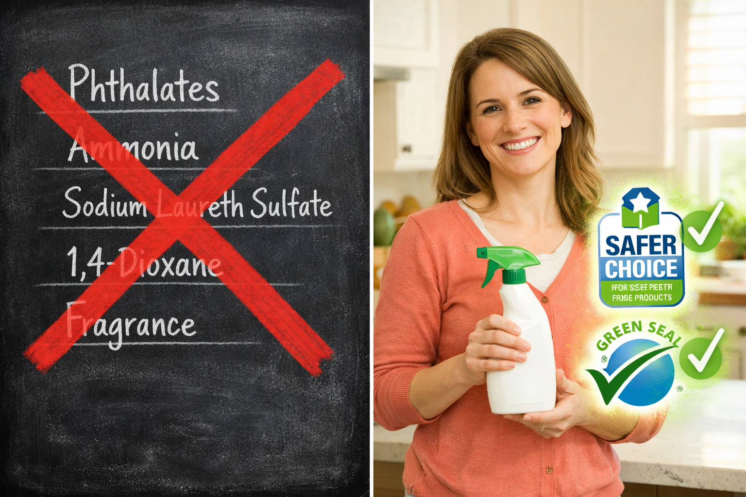 () split-composition image: left half shows a red X on a list of harmful chemical ingredient names (phthalates, ammonia,