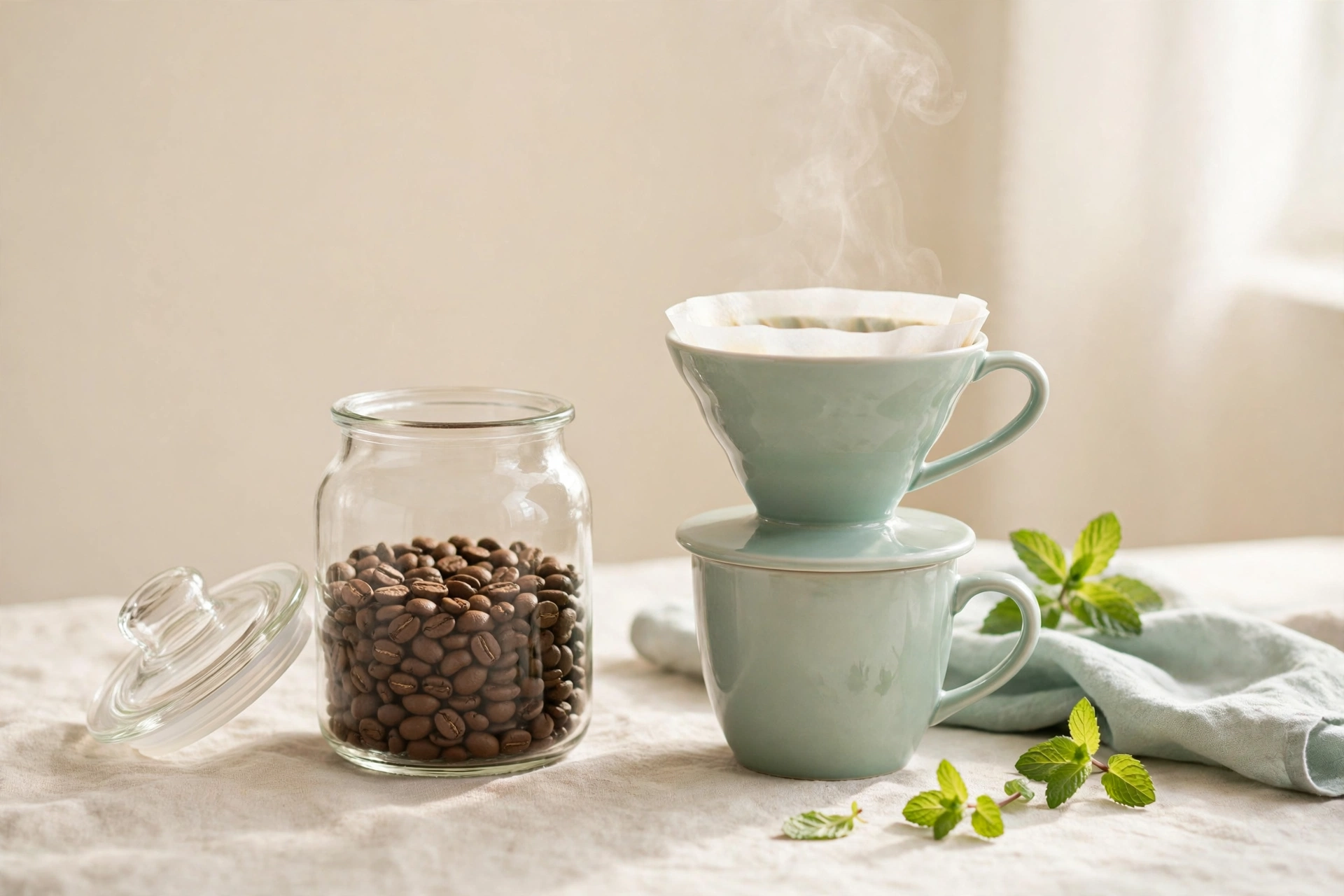 Coffee beans and pour-over coffee